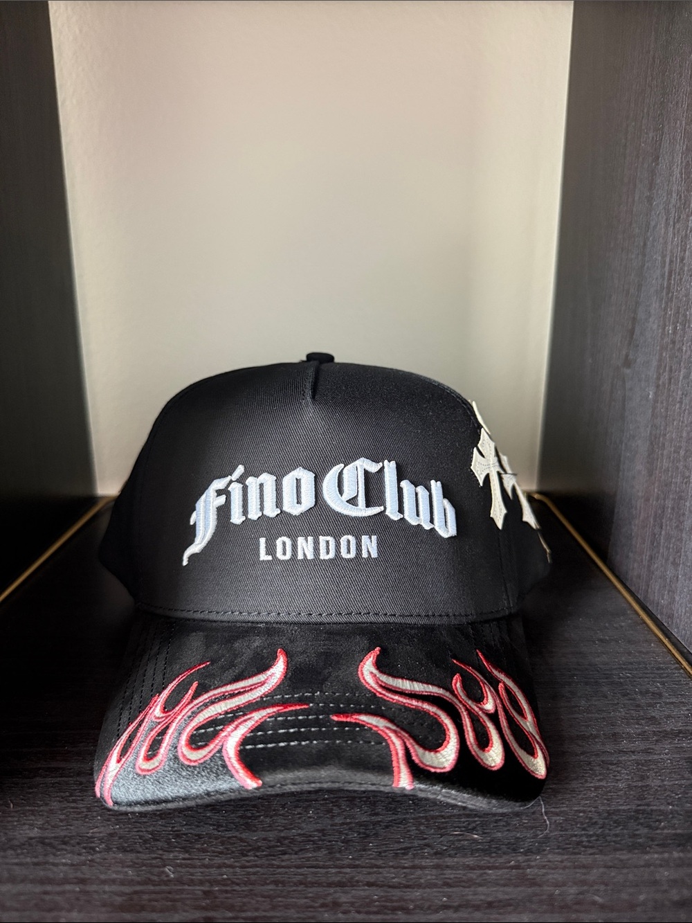 Fino Club London Black Cap with Red Flame Embroidery